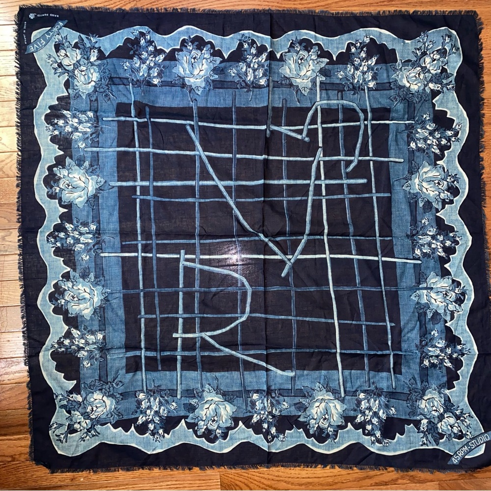 45R 45RPM Japan $348 Indigo Hand Printed Floral 42” Scarf Furoshiki NWOT - Picture 2 of 10